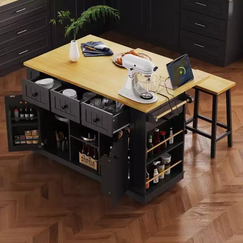Kitchen Island with Drop Leaf, Power Outlet, Door Storage, Rolling Cart on 5 Wheels with 5 Open Side Racks for Kitchen & Dining Room.