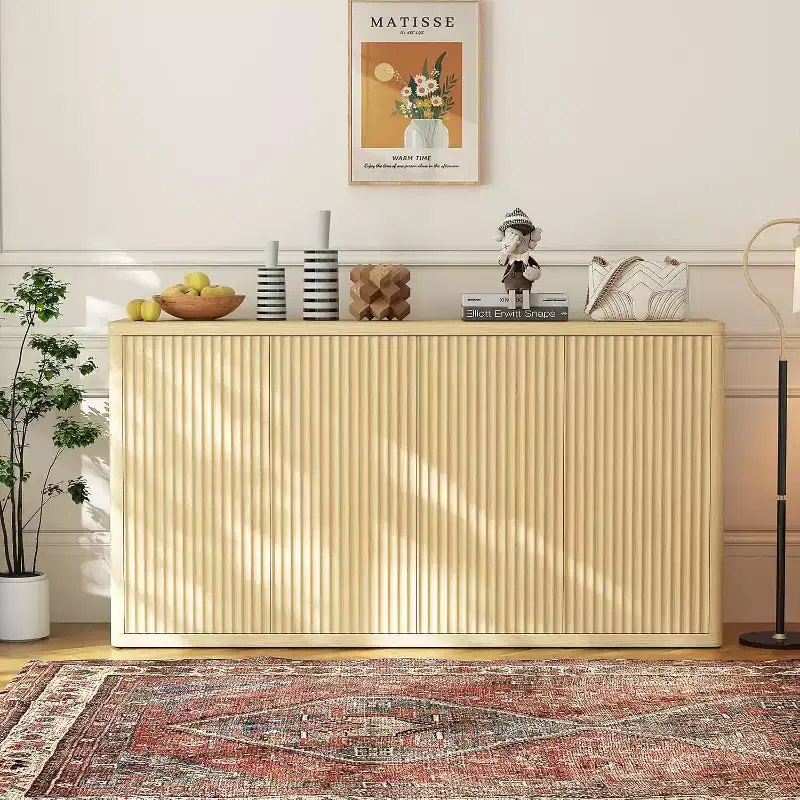 66.3in Large Sideboard Buffet Cabinet, Kitchen Modern Fluted Cupboard,Coffee Bar Console Storage Cabinet with Adjustable Shelves for Living Room