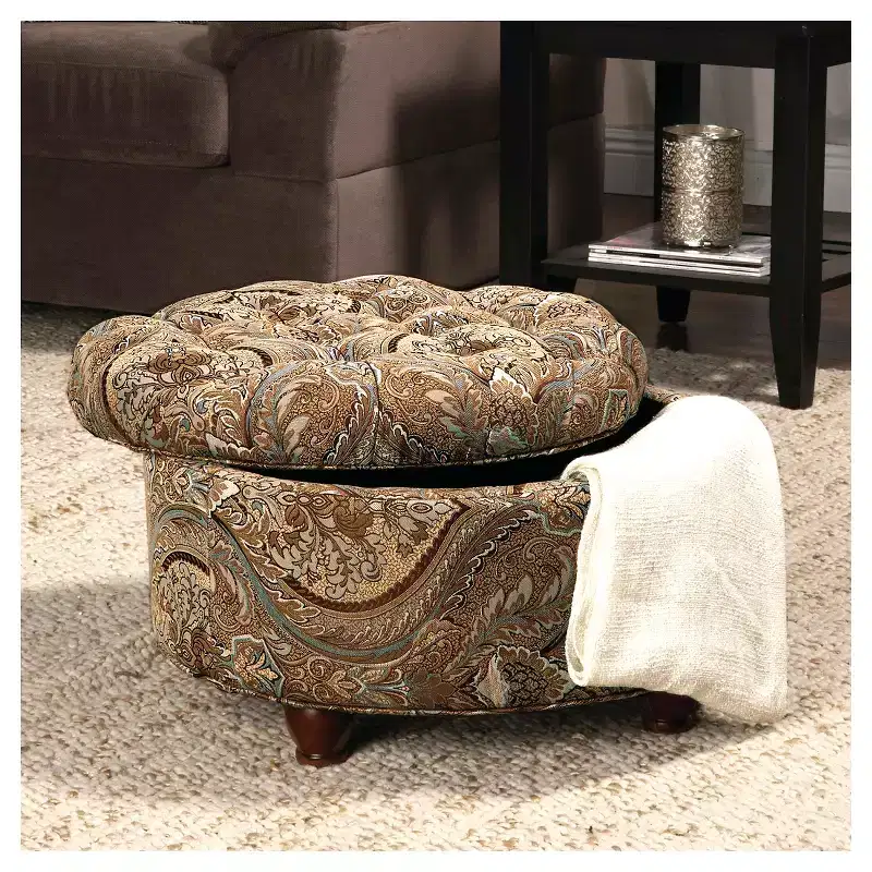Button Tufted Round Storage Ottoman Brown Paisley