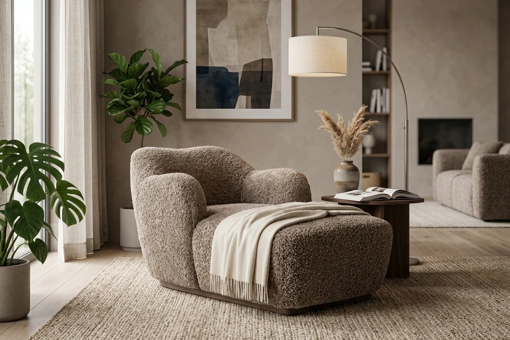Warm Latte Faux Shearling S-Spring Enveloped Frame Lounge Chaise