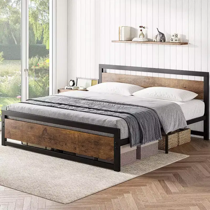 King Size Bed Frame with Headboard, No Box Spring Needed, 14 Platform with Storage, Retro Brown