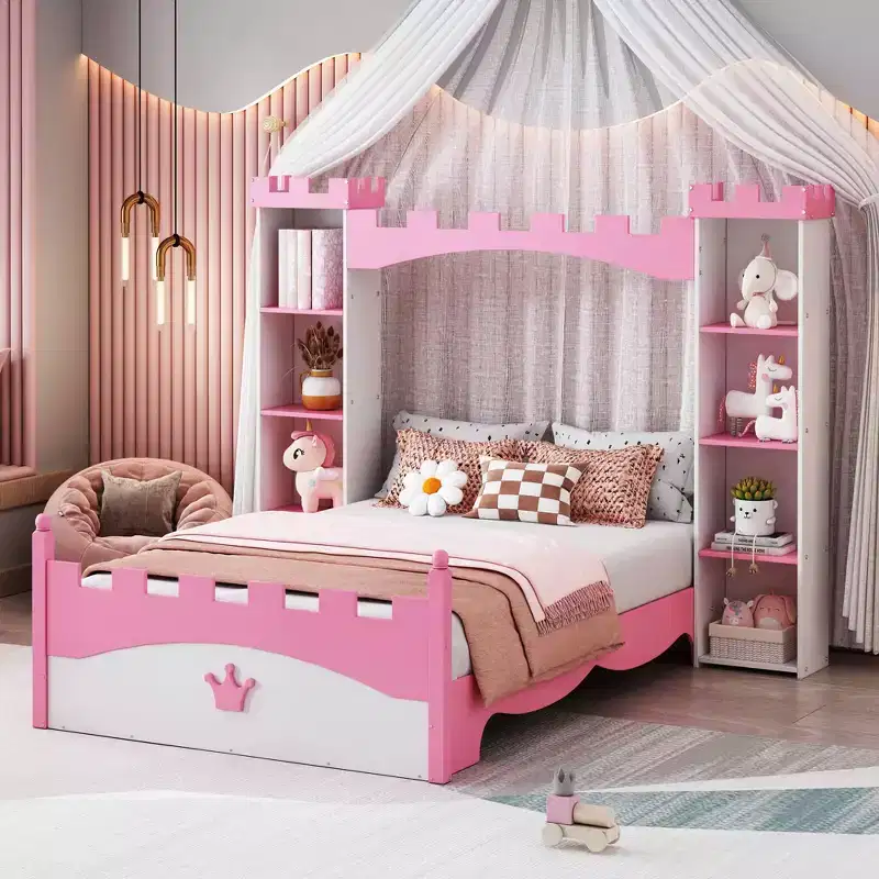 Castle Wooden Bed with Storage Shelf Dreamy Twin Size Platform Bed for Kids White Pink