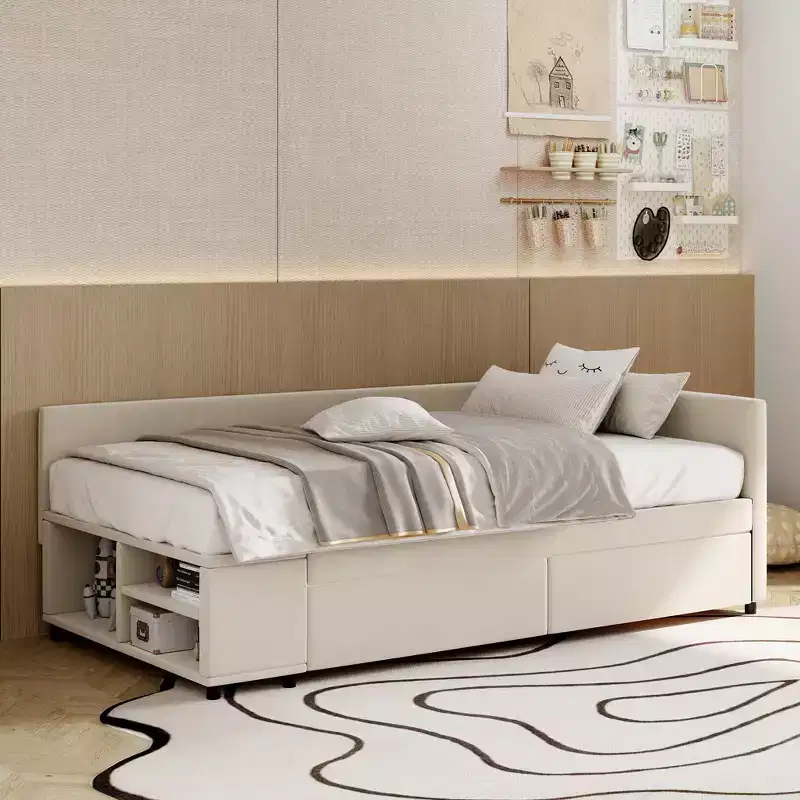 Twin Size L-Shaped Platform Bed with Wrap-Around Storage and Drawers