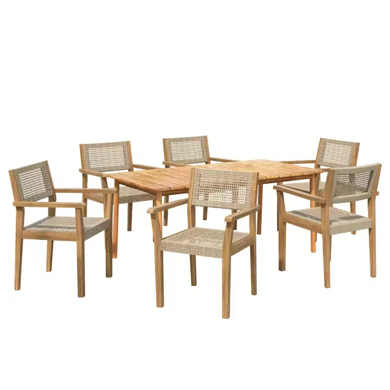 7PCS Outdoor Dining Set Patio Furniture Set with 6 Wicker Chairs & 1 Teak-Finish Dining Table, Acacia Wood Tabletop - ModernLuxe