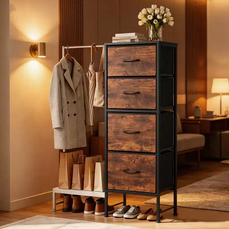 JIONJOY Two-in-one Hanging Rack with Drawer, Compact Design, Equipped with Anti-fall Hook, Storage Space, and Adjustable Casters, antique walnut