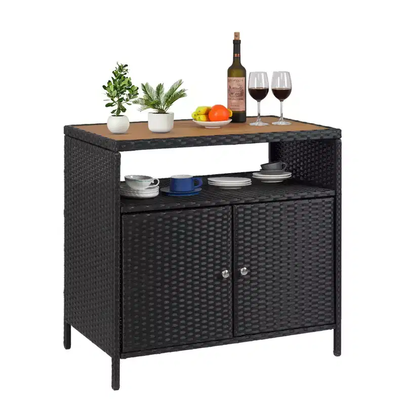 GustoWave Patio Wicker Storage Cabinet, Outdoor Waterproof Buffet Cabinet Patio Bar Table with Two Doors and Shelves, Wicker Sideboard