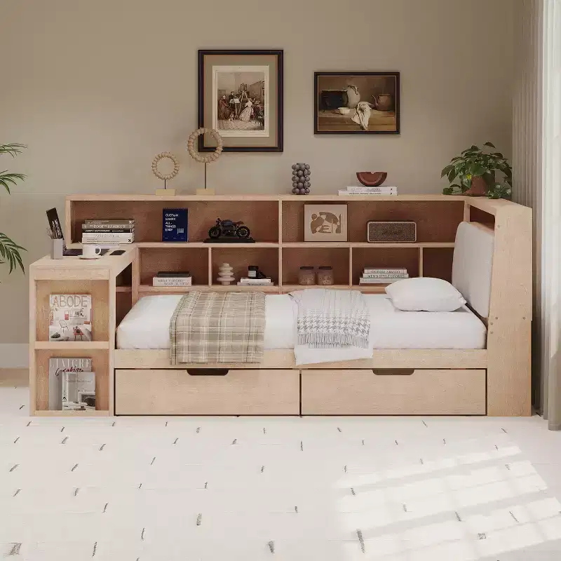 Twin/Full Size L-shaped Daybed Wooden Corner Bed with Storage Bookcase, Drawers, LED Light, Desk & Upholstered Headboard - ModernLuxe