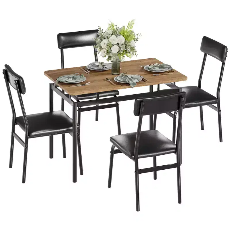 5 Piece Dining Table Set, Wooden Kitchen Table Set with 4 PU Upholstered Chair, Industrial Metal Frame Dinette Set for Dining Room, Home Dinner, Party