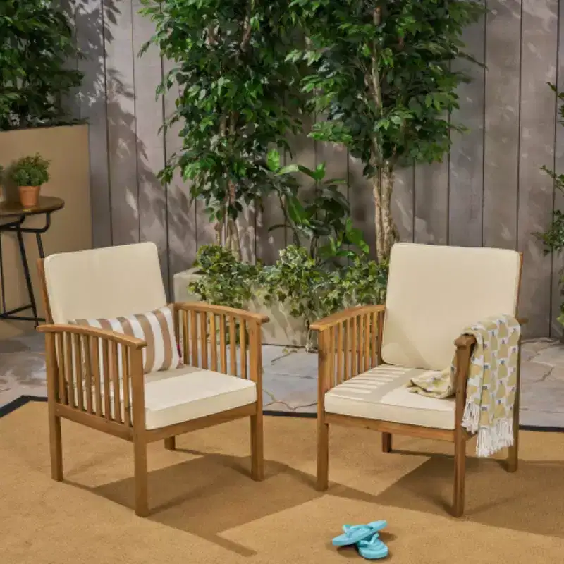 Modern Outdoor Small Space Chat Set, Acacia Wood Club Chairs with Foldable End Table for Garden, Deck & Backyard-Panipeachy