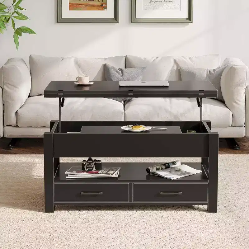 Height-adjustable coffee table - modular design with storage drawers and hidden shelves to save space, perfect for the living room, black.