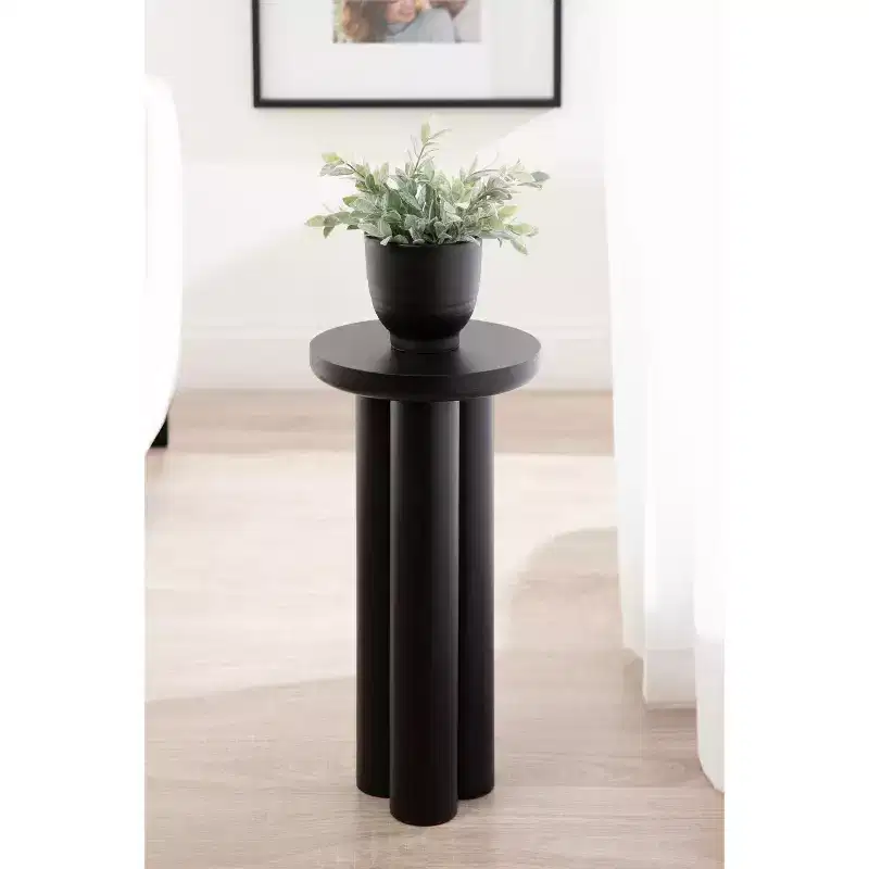 Round Drink Table with Chunky Tripod Wood Base, Black, 10