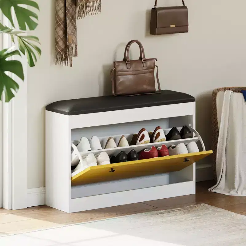 Shoe Storage Bench with Cushion, 31.5 Inch Entryway Shoe Organizer Bench with Flip Drawer and Adjustable Shelf, Wooden Shoe Cabinet for Hallway