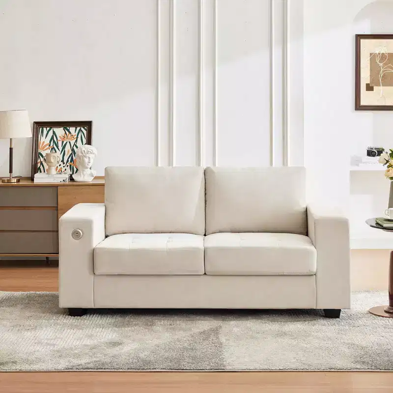 Modern Fabric 2 Seater Couch with Solid Wood Frame, Chenille Loveseat Sofa with Wide Armrest, Removable Sofa Cushion