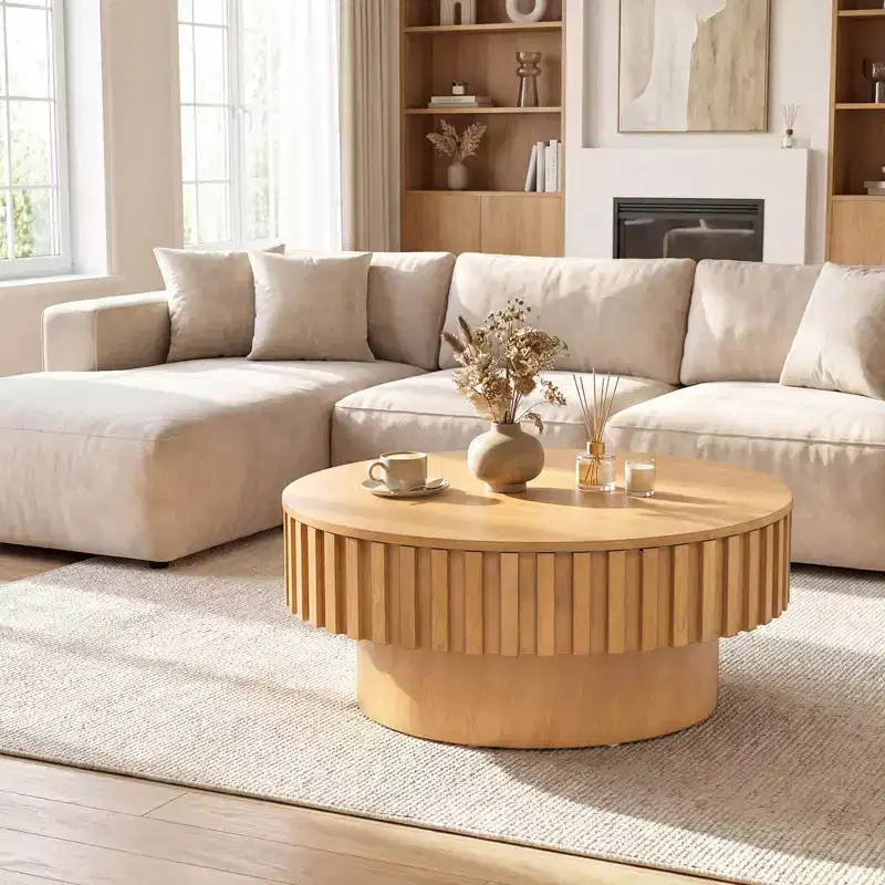 Round Coffee Table with Storage, Wooden Drum Coffee Table with Hidden Compartment, Walnut/Natural