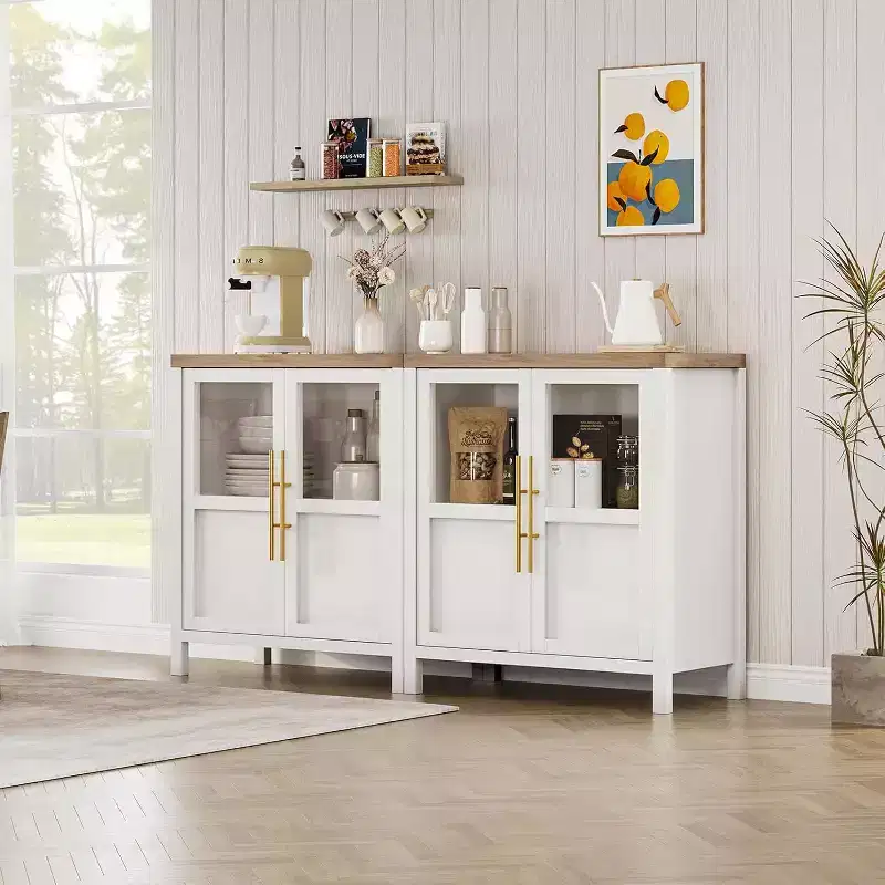 29 Farmhouse Sideboard: Glass Door Cabinet with Adjustable Shelves, Narrow Storage for Kitchen, Dining & Small Spaces (Pear Finish)