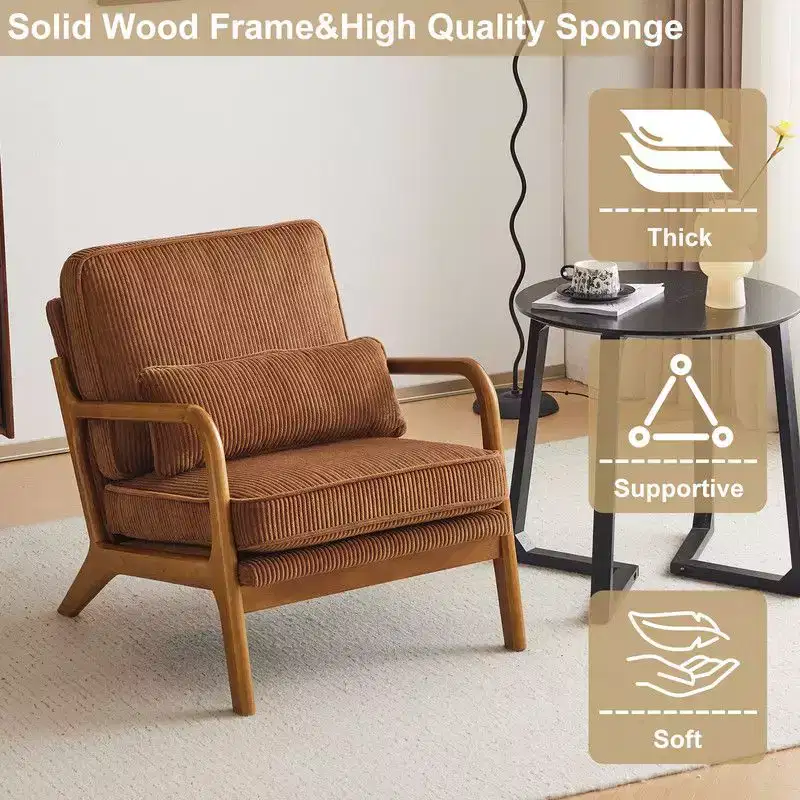 Mid Century Solid Wood Accent Chair Upholstered Armchair with an Extra Pillow