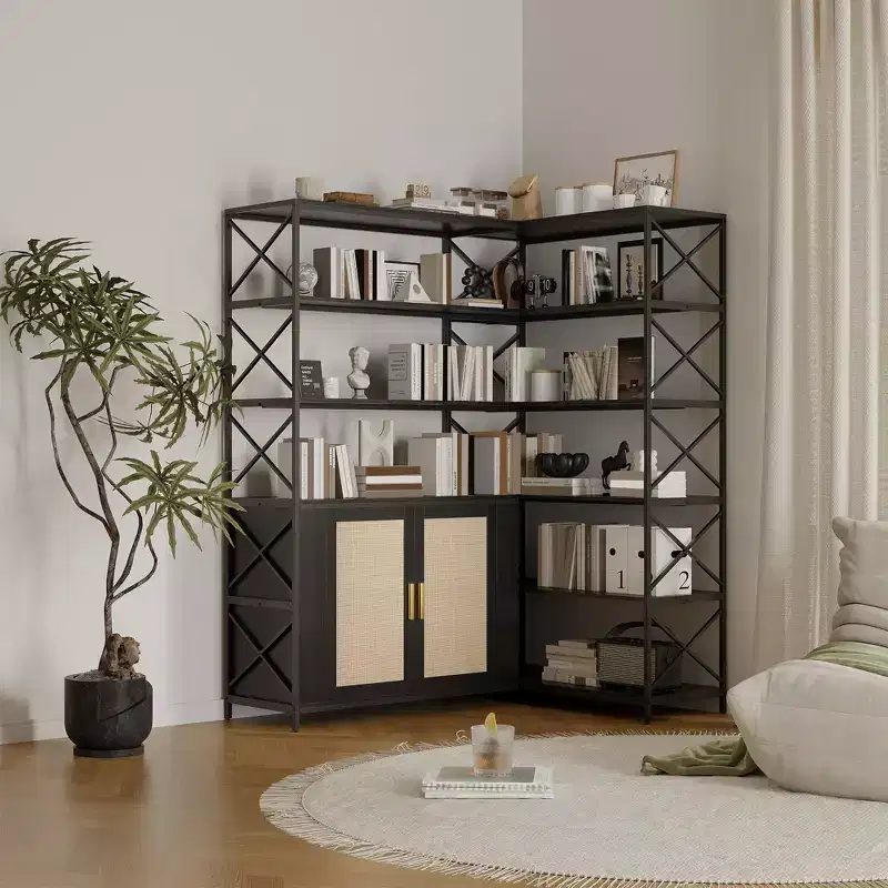 6 Tier Corner Bookshelf, Large Bookcase for Corner, Vintage L Shaped Book Shelf with Sturdy Metal Frame and 2 Rattan Doors Cabinet for Home Office
