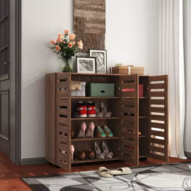 5-Tier Adjustable Shelf Shoe Rack with Louvered Doors, Wooden Shoe Storage Cabinet for Entryways, Walk-in Closets, and Living Rooms