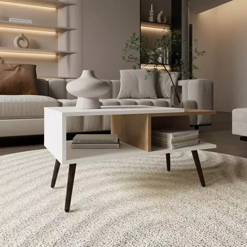 Multicolor Scandinavian Coffee Table with 2 Shelves 4 Legs White and Natural Oak