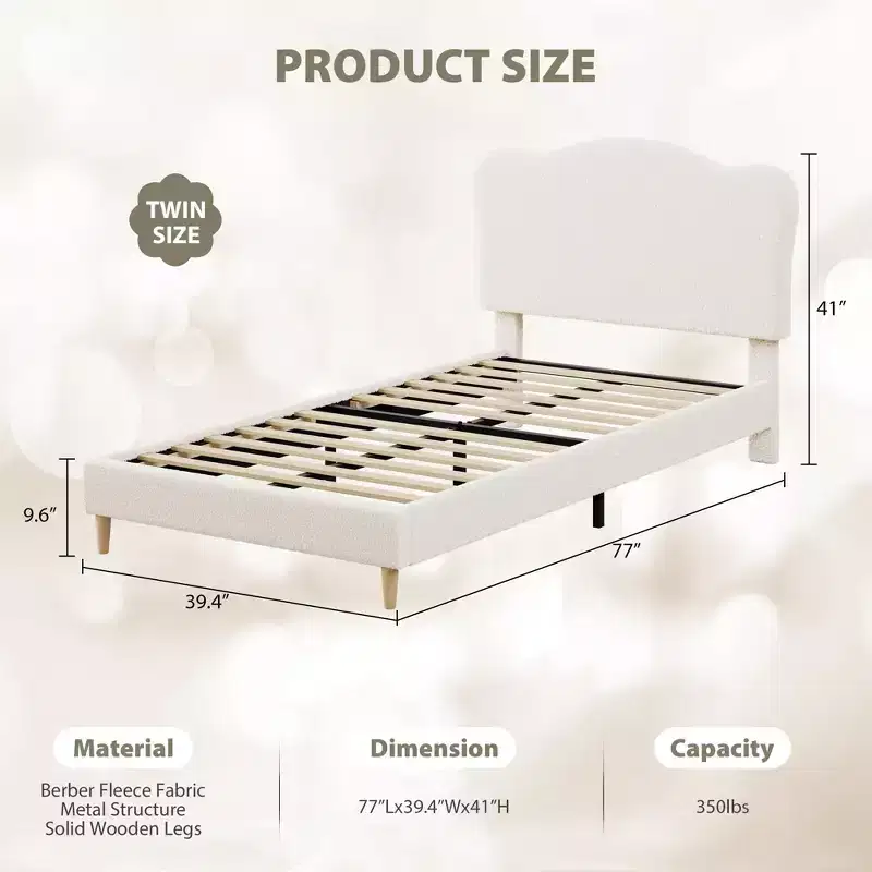 Bed Frame for Kids with Scallop Headboard, Cute Velvet Twin Bed for Girls, Boys, Sturdy Platform Bed, No Box Spring Needed, Wooden Slats, Noise Free