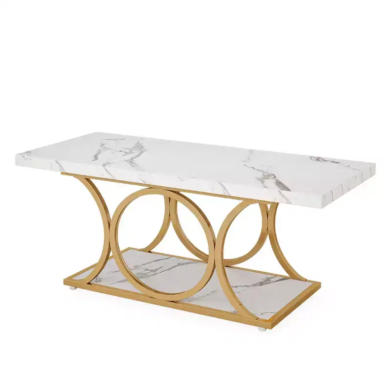 2-Tier Modern Coffee Table – White Faux Marble Top & Gold Metal Legs, 47