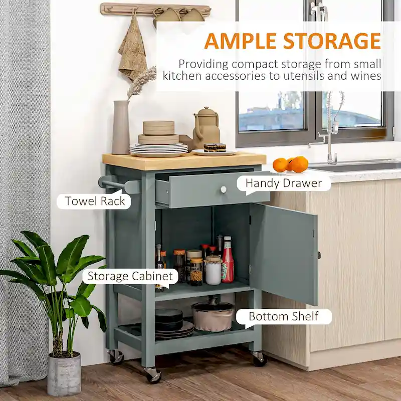HOMCOM Utility Kitchen Cart, Rolling Kitchen Island with Smooth Rubberwood Top, Narrow Butcher Block Surface on Wheels