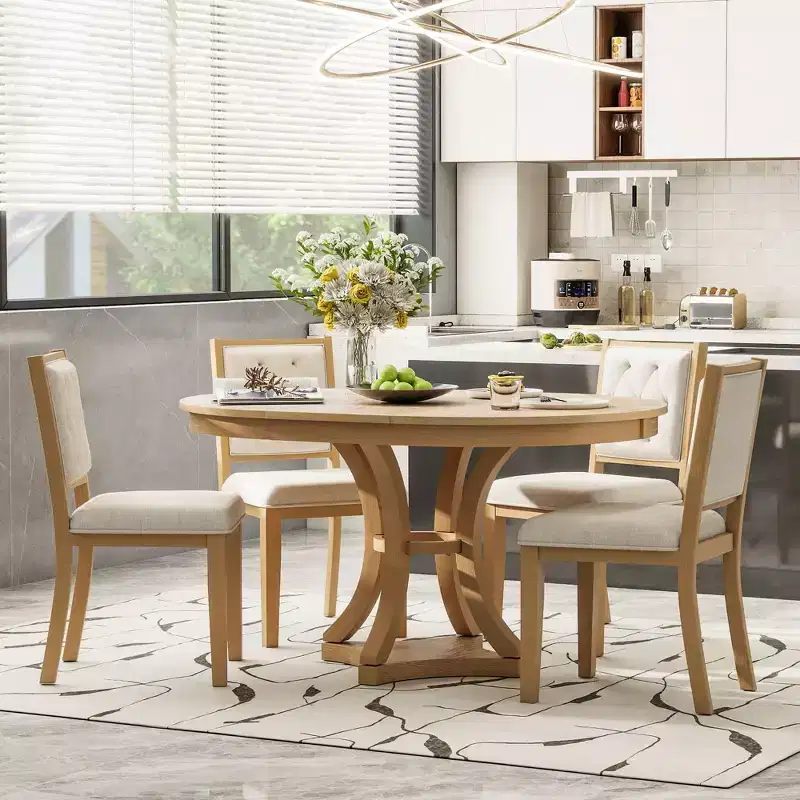 Merax Stylish 5-Piece Retro Dining Set with Extendable Round Table & 4 Upholstered Chairs