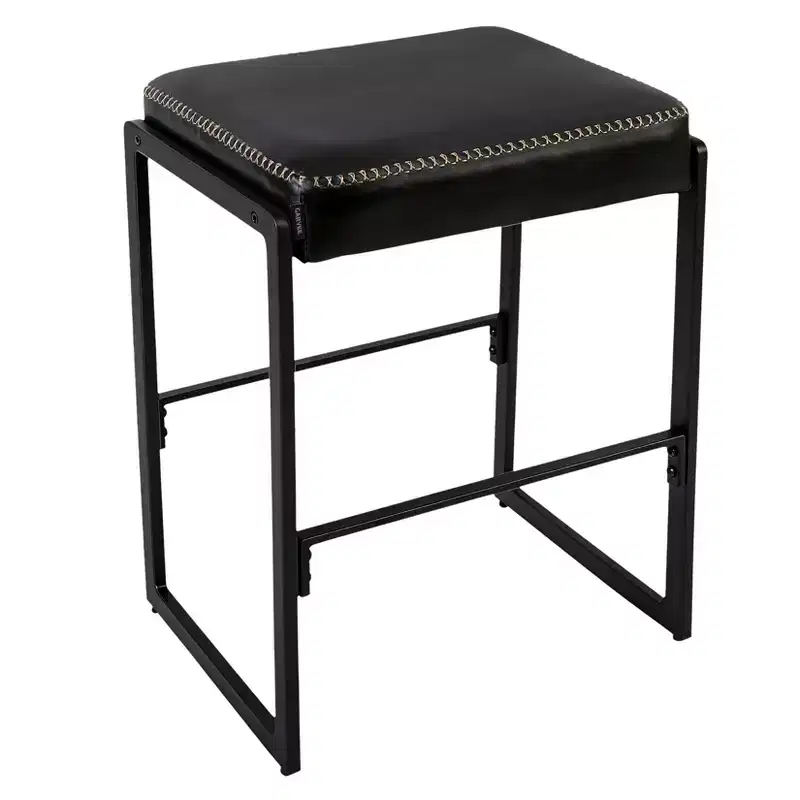 Mid-Century Modern Bar Stool, Waxy Leather with Decorative Stitching, Thick Cushion, Concealed Adjustable Feet