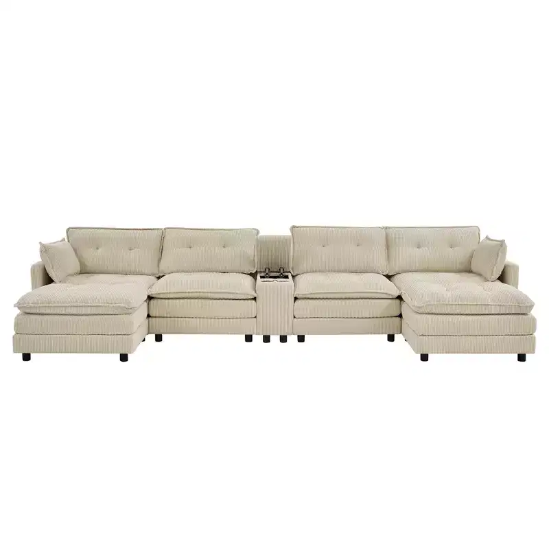 GDFStudio Ara Modern 154 U-Shaped Wooden Corduroy Upholstered Sectional Sofa with Ottoman, USB and Cup Holder
