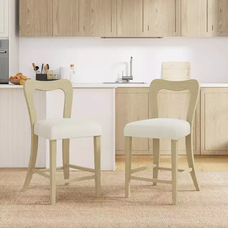 Christopher Knight Home Set of 2 Alice Rubberwood Upholstered with Curved Open Back Counter Height Barstools Beige/Light Ash