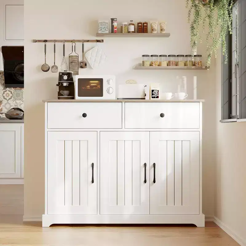Practical storage cabinet, side panel buffet cabinet with storage room, adjustable shelf and 2 drawers,white