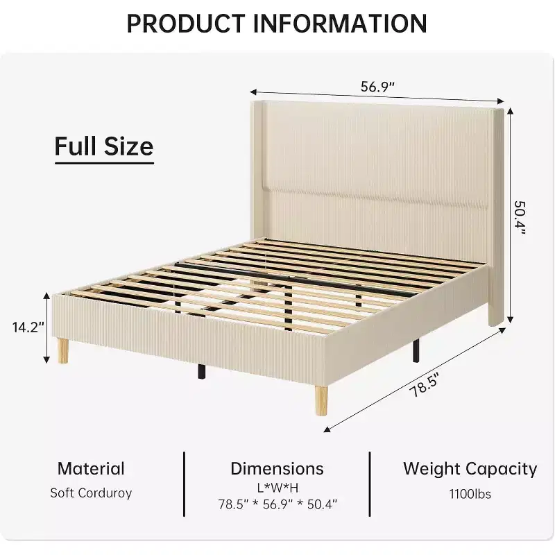 Gray Corduroy Wingback Platform Bed – Full/Queen/King, 2-Person