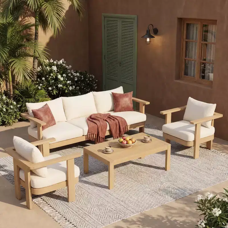 Christopher Knight Home Abena Modern 4 Piece Patio Acacia Wood Seating Set with Cushion and Slatted Coffee Table