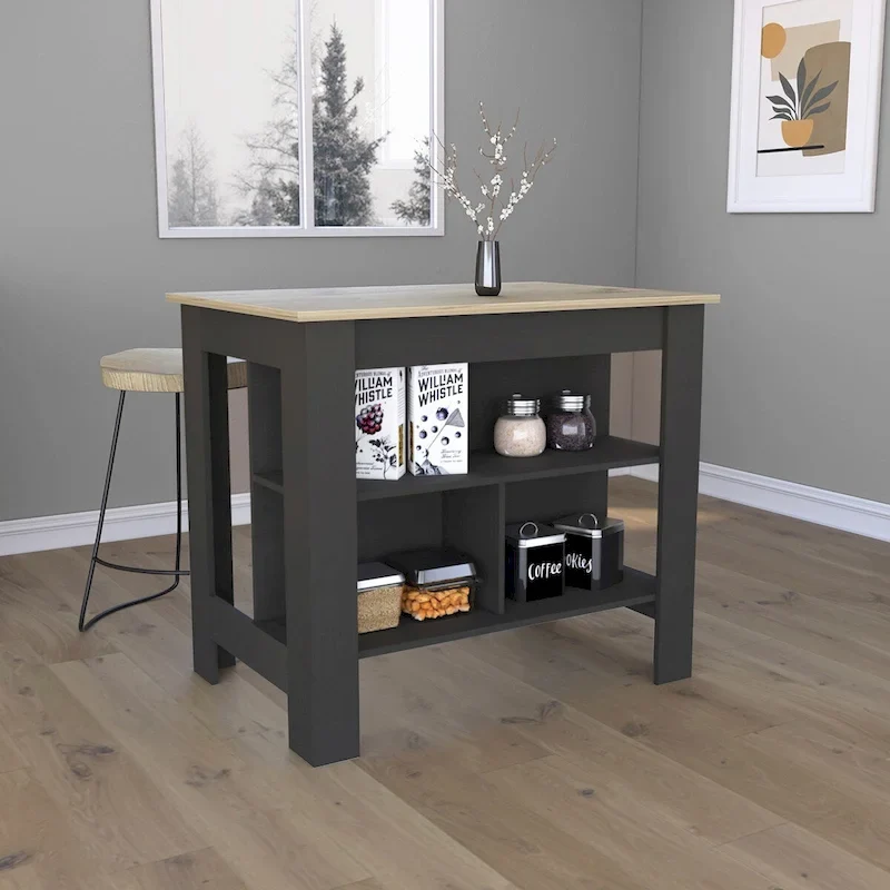 Kitchen Island , Three Shelves, Black Wengue / Light Oak Finish