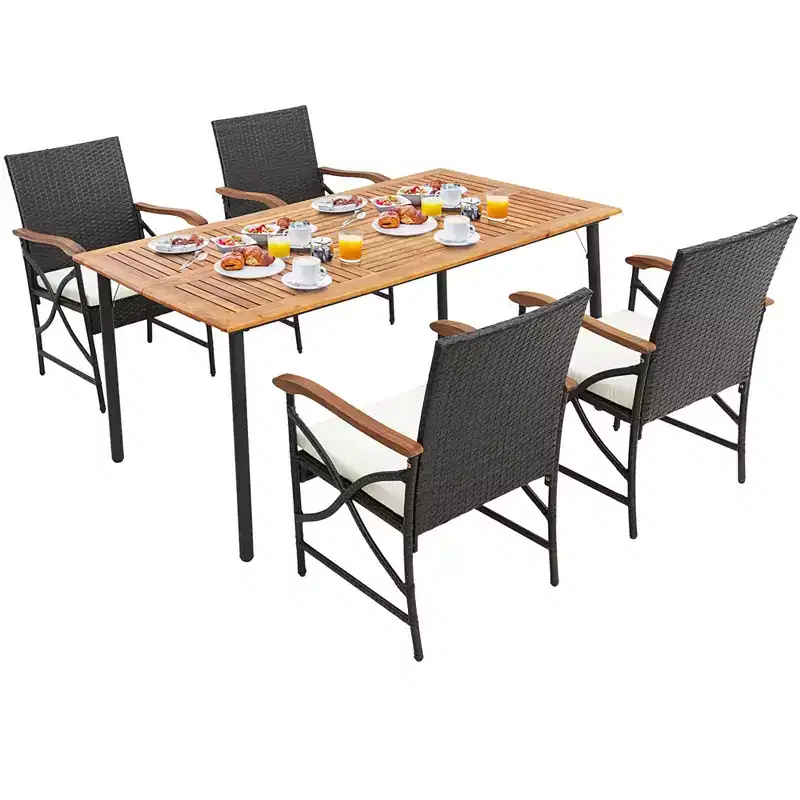 Costway 7PCS Patio Wicker Dining Set Cushion Acacia Wood Armrests Table with Umbrella Hole