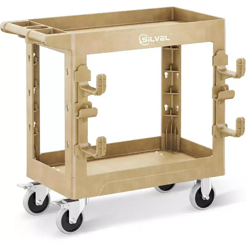 SILVEL Heavy Duty Utility Cart 600LBS Capacity 2 Shelf Plastic Service Cart with 360 Degree Swivel Wheels for Garage Warehouse Workshop