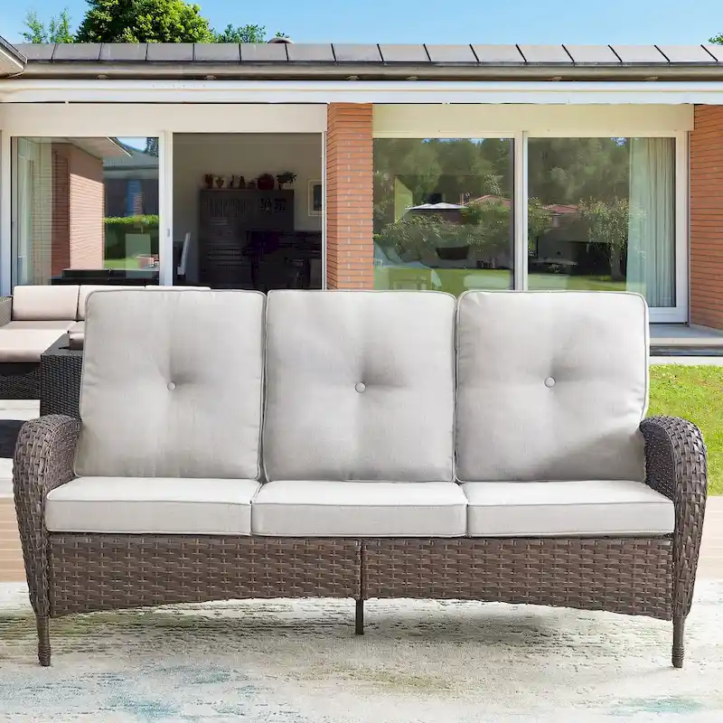 Rattan Sofa Couch with Swivel Rocking Chairs, Ottomans - Brown