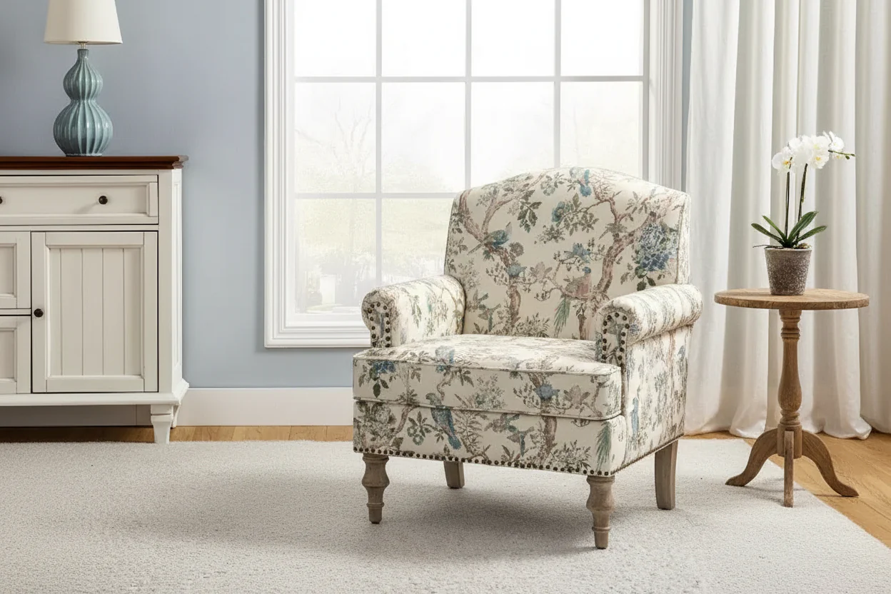 Transitional Upholstered Floral Armchair with Camelback & Wood Legs