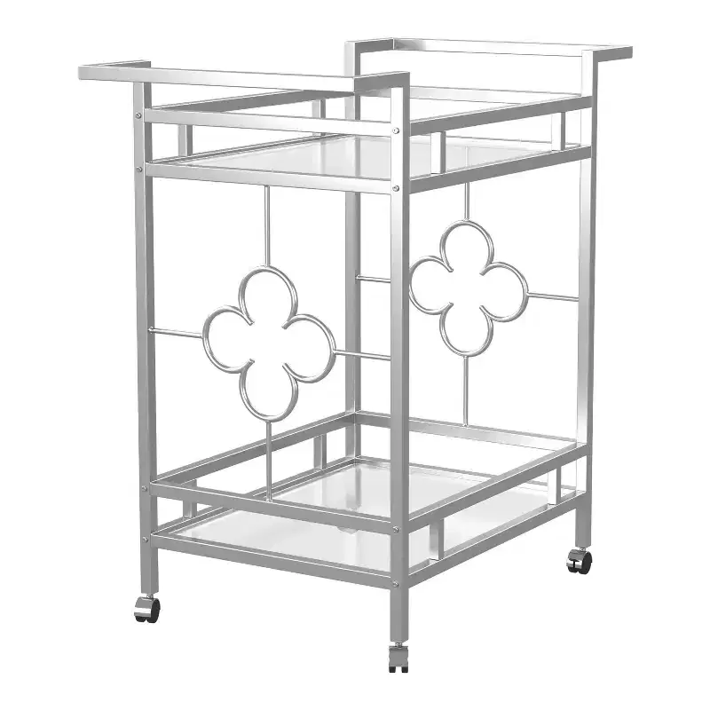 Buncrana Glass Top Serving Cart Chrome: Contemporary Quatrefoil, Tempered Shelves