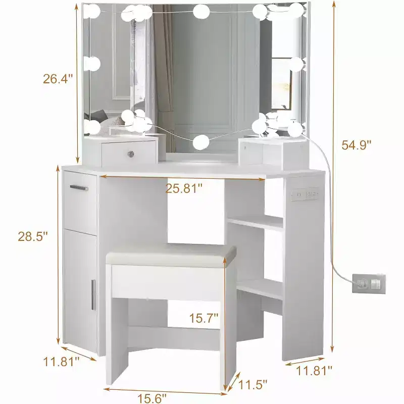 Corner Vanity Mirror with Lights and Table Set & Power Outlet, Makeup Vanity Table with Lights, 2 Drawers & Stool
