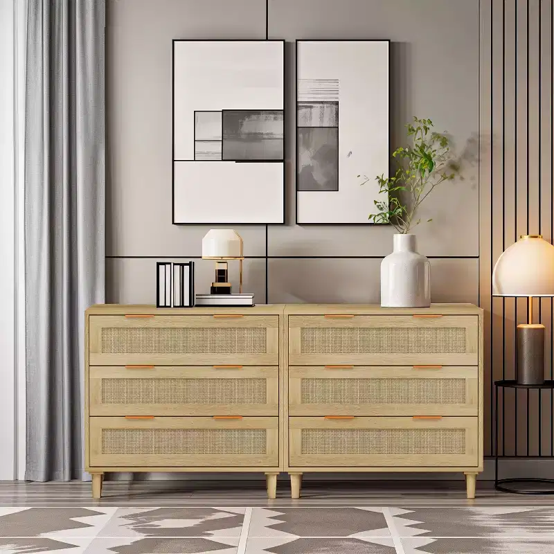 JVNOXKModern Rattan Storage Cabinet Set (2-Piece), Rattan Dressing Table with Three Deep Drawers, Suitable for Bedroom or Living Room, Oak