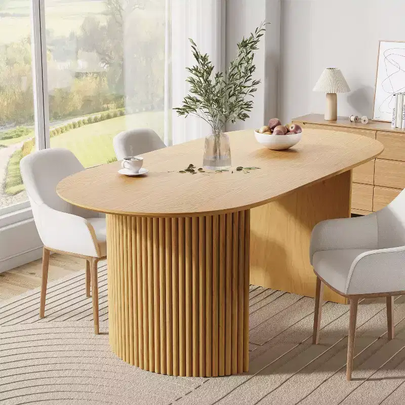 67 x 33.5 Solid Wood Oval Dining Table Modern Kitchen Table Farmhouse Style with Solid Wave Legs for Living Room Kitchen Home Office Natural