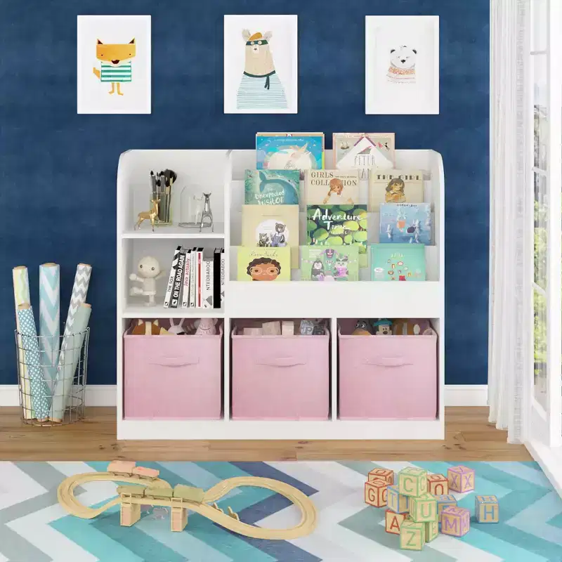 Multifunctional Bookshelf and Bookcase with 3 Collapsible Fabric Drawers, Display Stand for Bedroom Playroom, White Pink