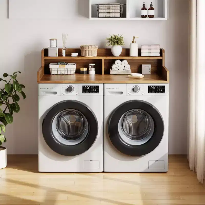 Wood Washer and Dryer Topper, 54 Laundry Countertop with 2-Tier Storage Shelf, Anti-Slip Work Surface with Guardrails for Laundry Organization