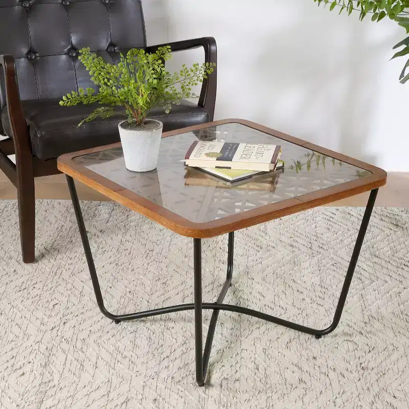 Christopher Knight Home Tierney Industrial Tempered Glass and Metal Square Coffee Table with Geometric Pattern