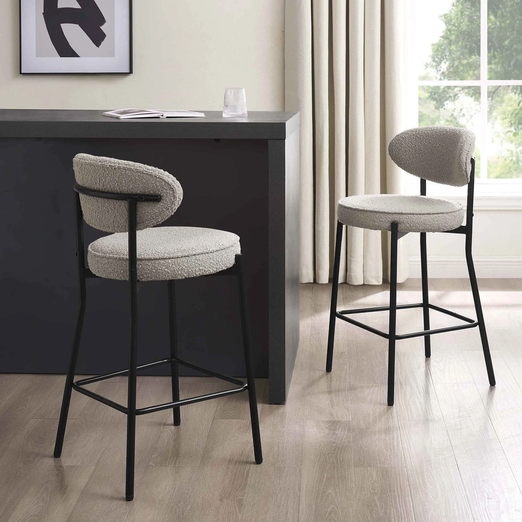 Contemporary Taupe Boucle Barstool with Rounded Back for Kitchen