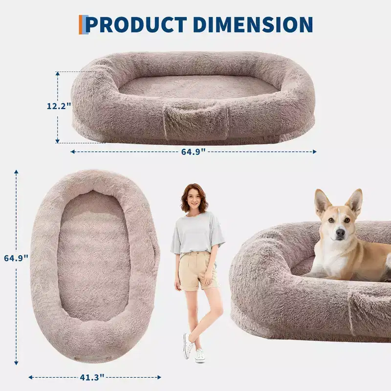 Human Dog Bed  65 x 41 x 12 Giant Faux Fur Bean Bag Bed with Handle, Removable Cover, Side Pocket & Egg-Crate Orthopedic Foam (Brown)