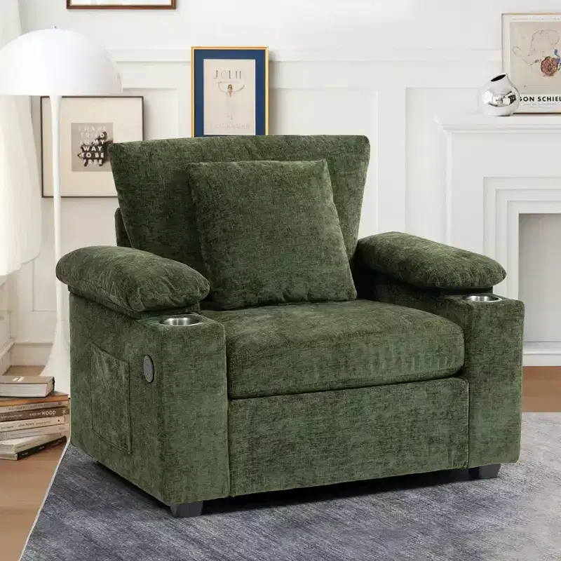 MAYEERTY Oversized Chenille Sofa with Ottoman with Cupholders Lumbar Support for Back Pain Relief for Living Room Office Green
