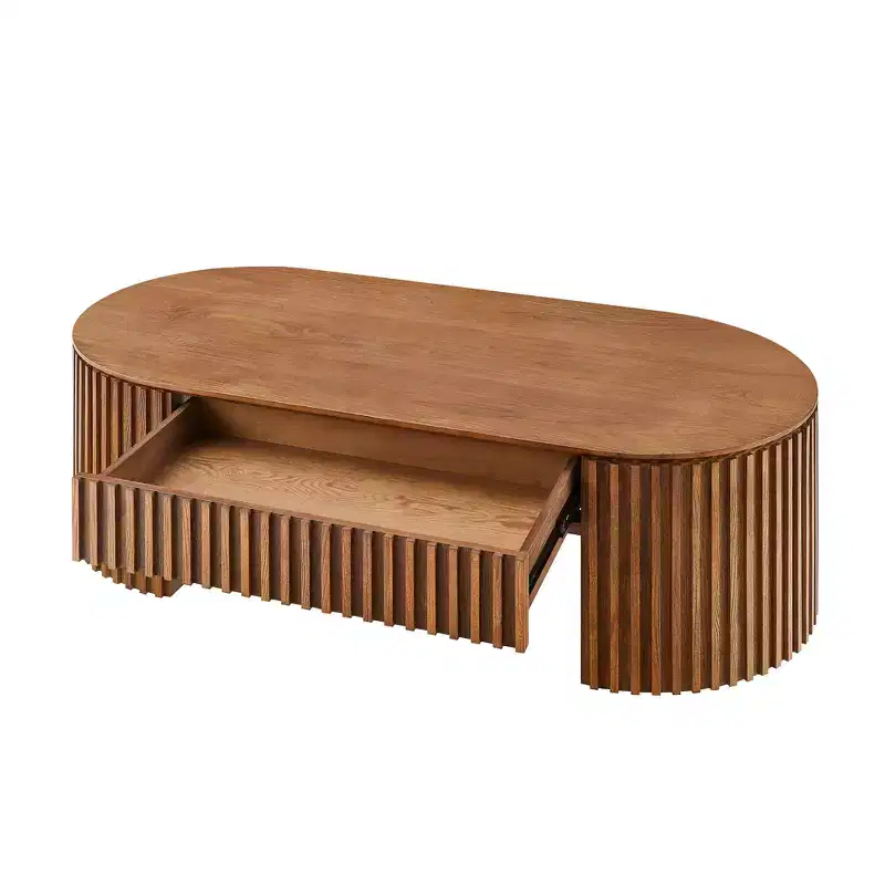 GDFStudio Manuel Modern Wooden Oval Pedestal Coffee Table with Drawer and Handcrafted Relief