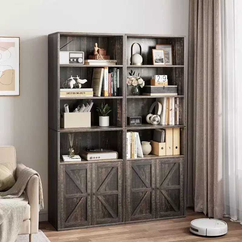 Acekool 71.4 Grey Bookcase with Doors, 6-Shelf Industrial Farmhouse Bookshelf, Deep Storage Display Cabinet, 2-Pack